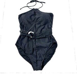 * Time & Tru One Piece Halter Belted Black Swimsuit Size L -  NWOT